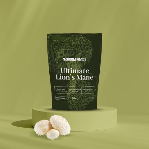 Image of Shroom Force Ultimate Lion's Mane supplement package on a green background