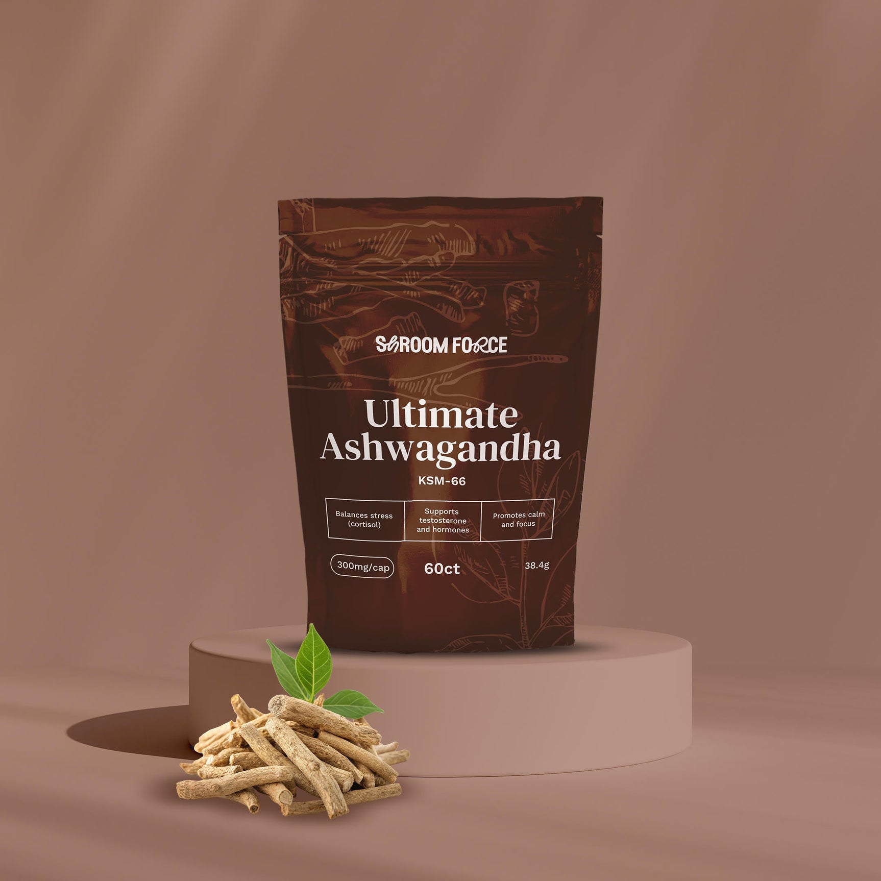 Brown package of 'Ultimate Ashwagandha' with dried roots on a brown background