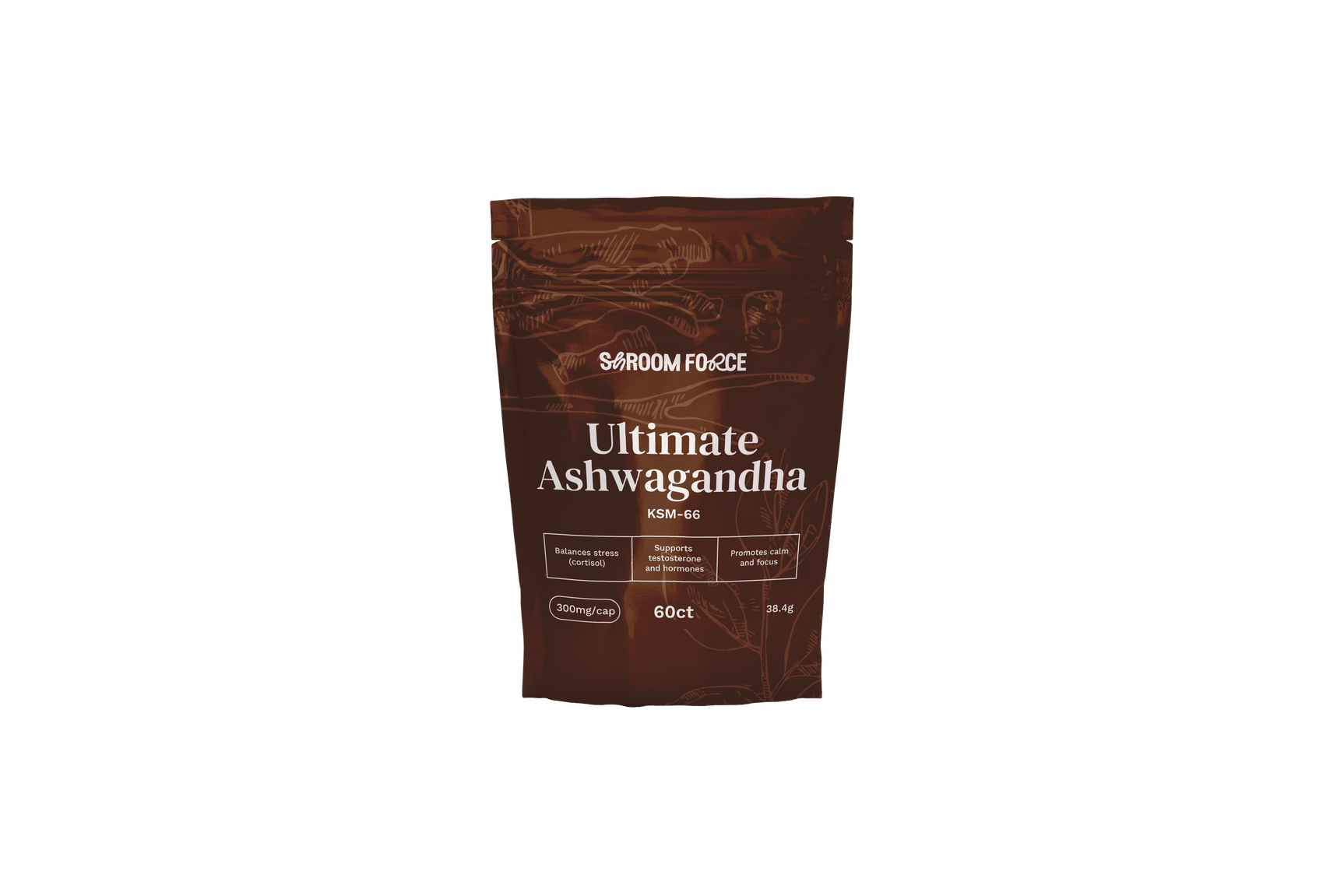 Brown package of Ultimate Ashwagandha by Sardom Force on a white background