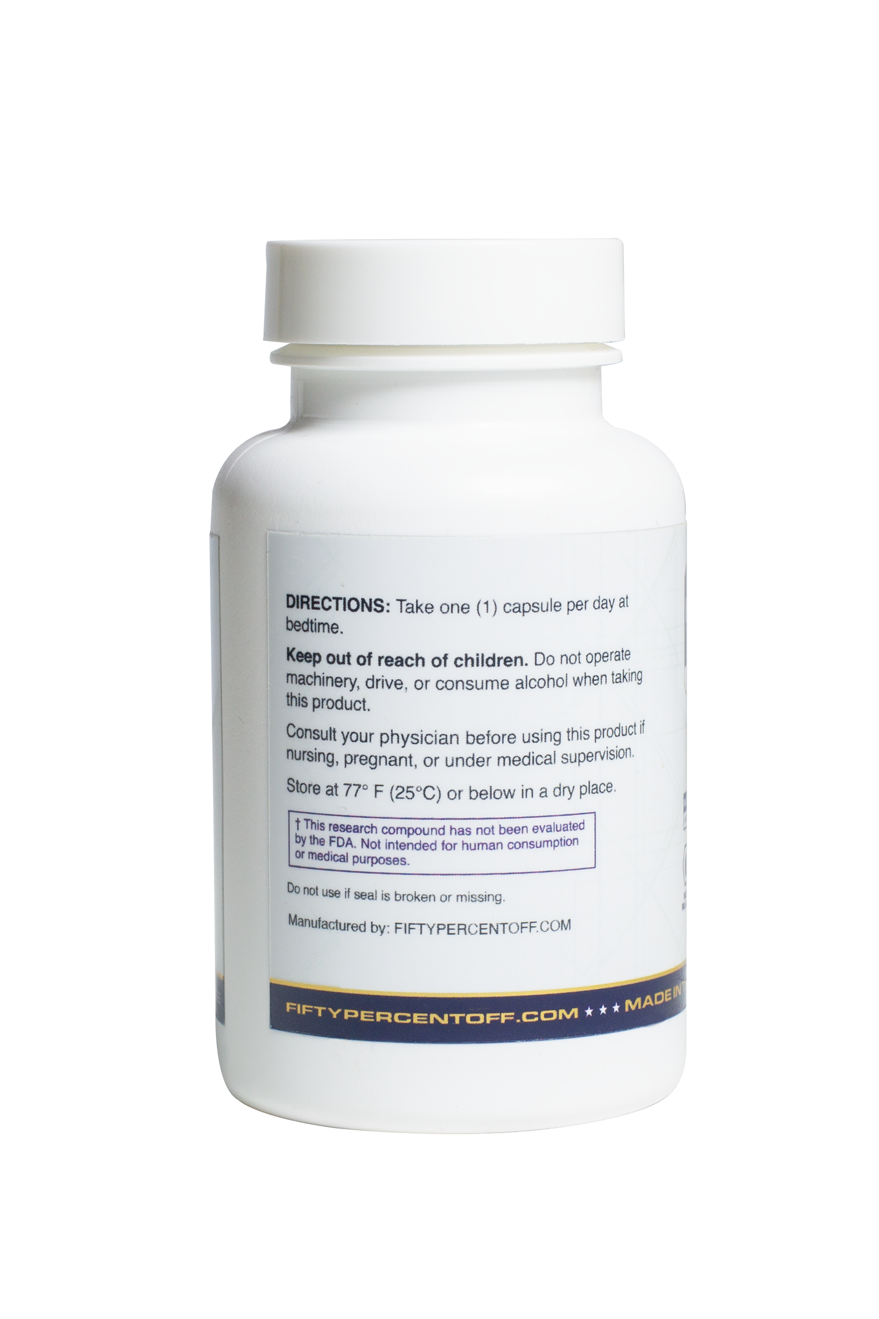 White supplement bottle with label on a white background