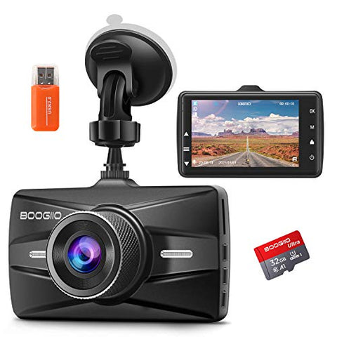 Image of Dash Cam Front with 32G SD Card, BOOGIIO 1080P FHD Car Driving Recorder 3'' IPS Screen 170°Wide Angle Dashboard Camera Aluminum Alloy Case, WDR G-Sensor Parking Monitor Loop Recording Motion Detection