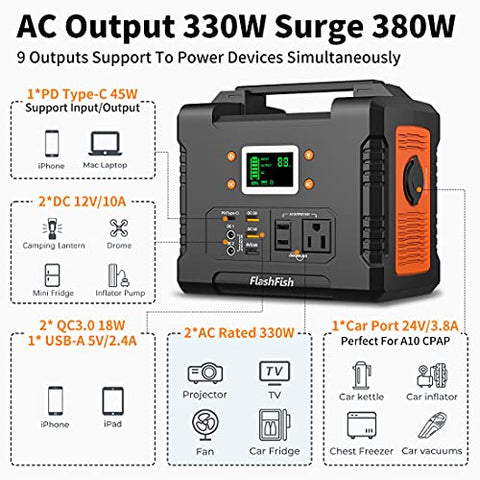 Image of FF FLASHFISH 330W Portable Power Station, 81000mAh 300Wh Solar Generator with 110V AC/DC/USB/PD-Type-c/Car Port/SOS Light, Backup Battery Pack Power for CPAP Outdoor Adventure Camping Emergency