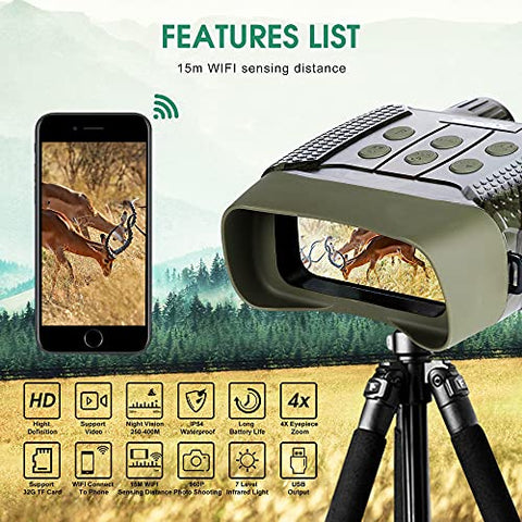Image of Night Vision Digital Goggles Scopes Binoculars for Adults Hunting - with WiFi,2.4" LCD Screen 4X Zoom, HD Image & 960p Video from 300m/984ft in Darkness with 32G TF Card for Spy, Monitoring
