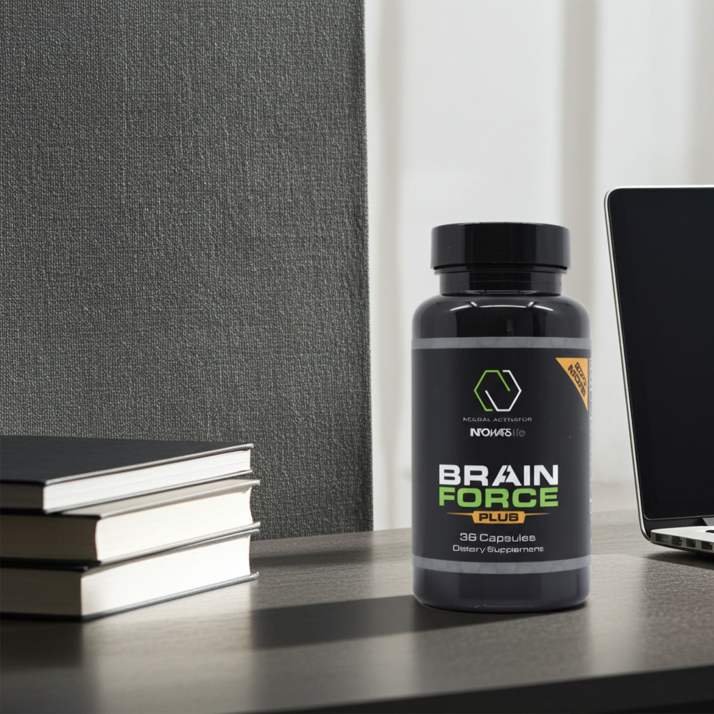 Bottle of Brain Force Plus supplement on a desk with books and a laptop in the background
