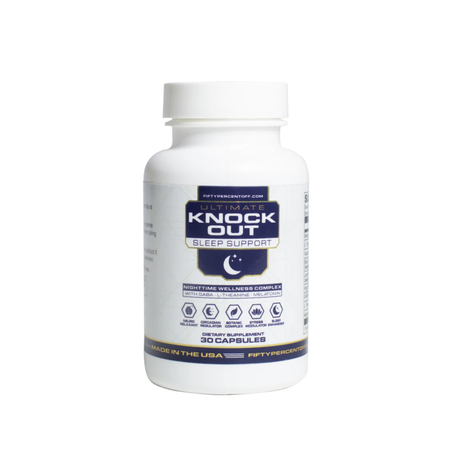 Supplement bottle labeled 'Ultimate Knockout Sleep Support' on a white background