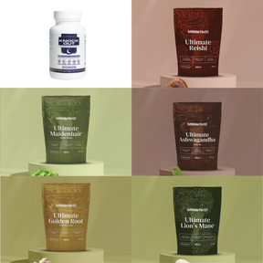 Collage of various supplement packages on a gradient background