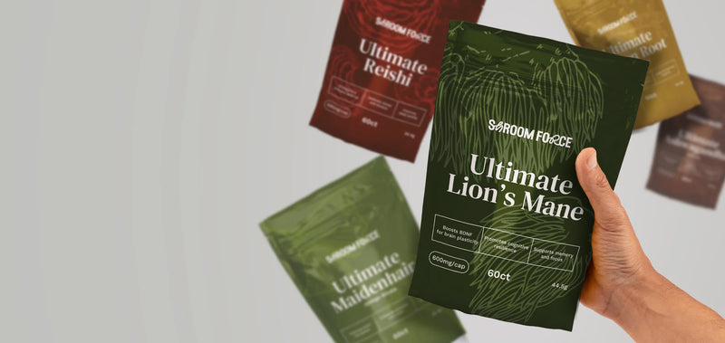 Hand holding a package of 'Ultimate Lion's Mane' with other similar packages in the background.