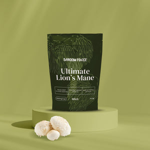 Shroom Force Ultimate Lion's Mane supplement package on a green background