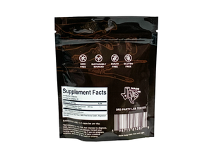 Black supplement package with 'Made in Texas' branding and supplement facts label.