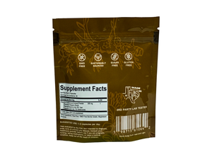 Supplement package with 'Made in Texas' branding on a white background