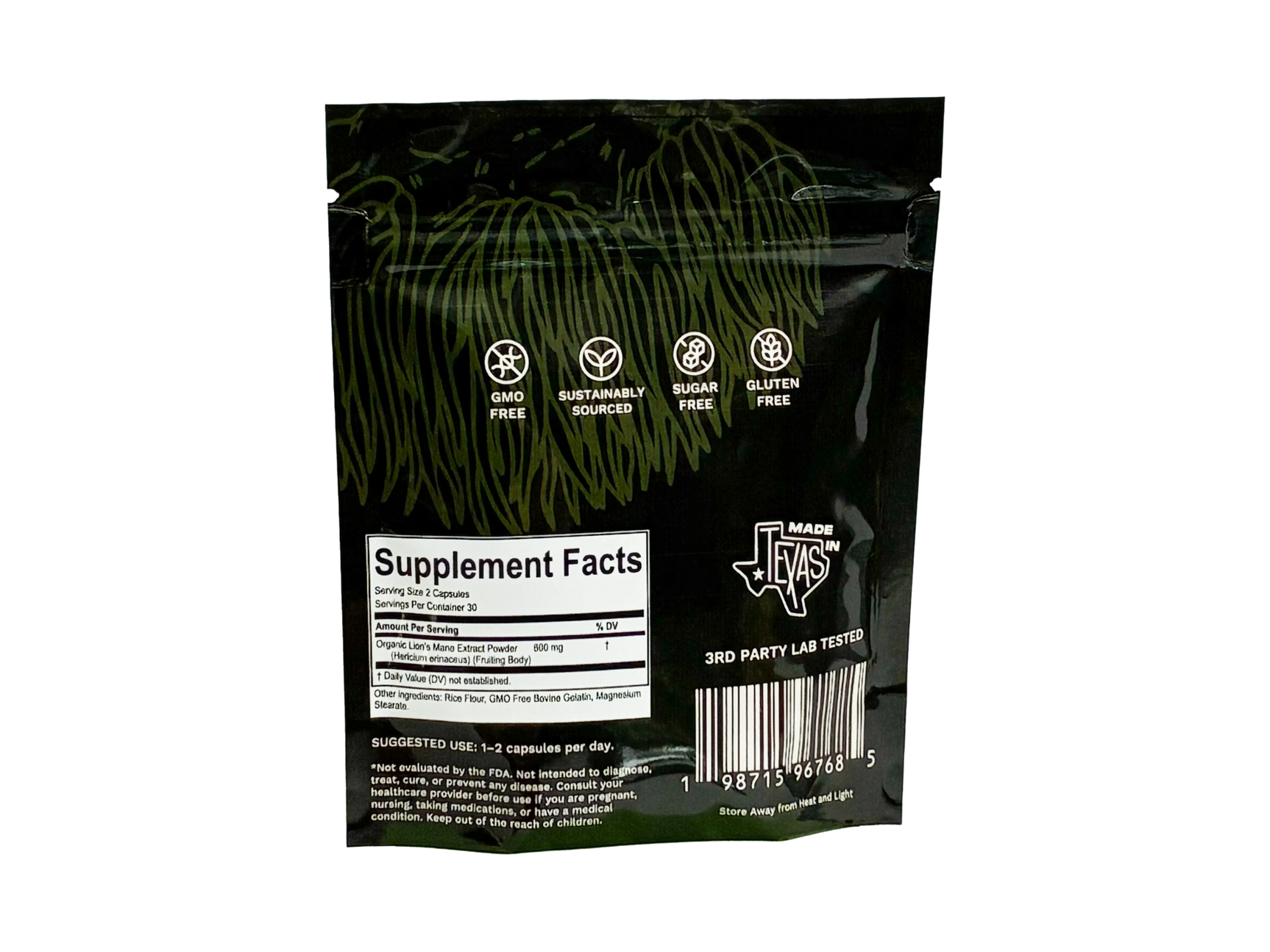 Supplement package with visible branding and ingredient information on a white background