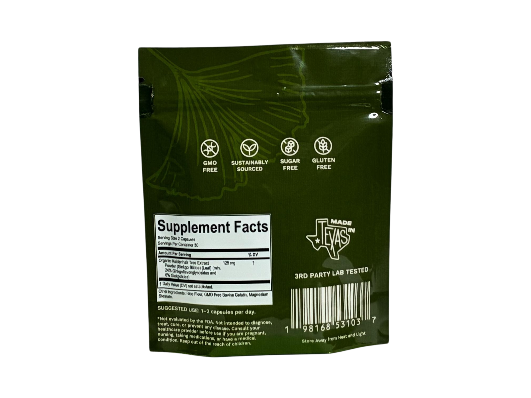 Green supplement package with 'Jen's' branding and supplement facts label.