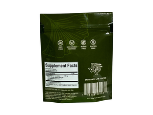 Green supplement package with 'Jen's' branding and supplement facts label.