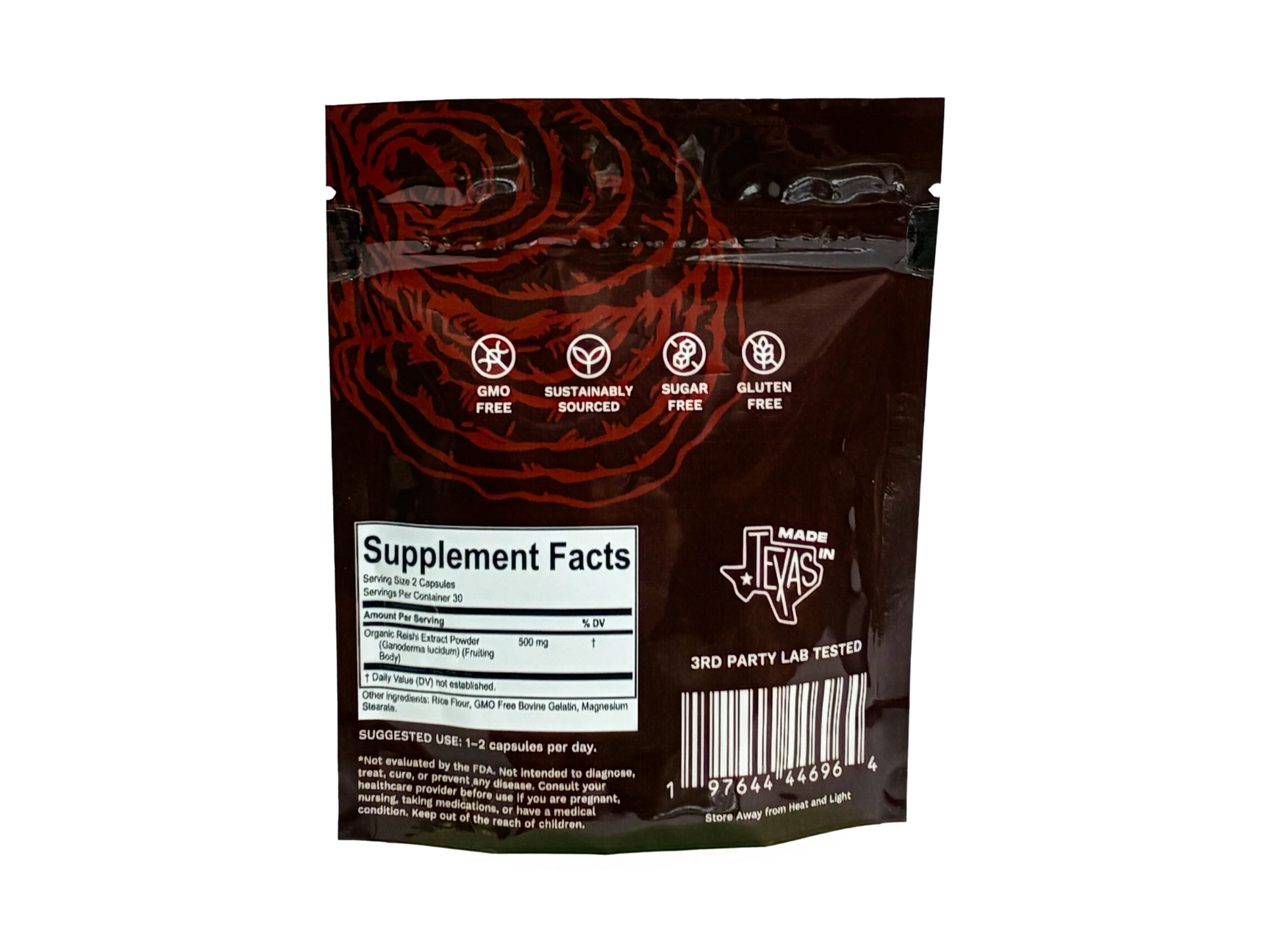 Supplement package with 'Made in Texas' branding on a white background