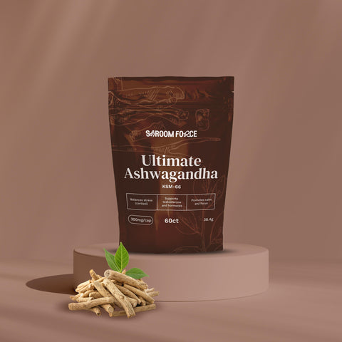 Image of Brown package of 'Ultimate Ashwagandha' with dried roots on a brown background